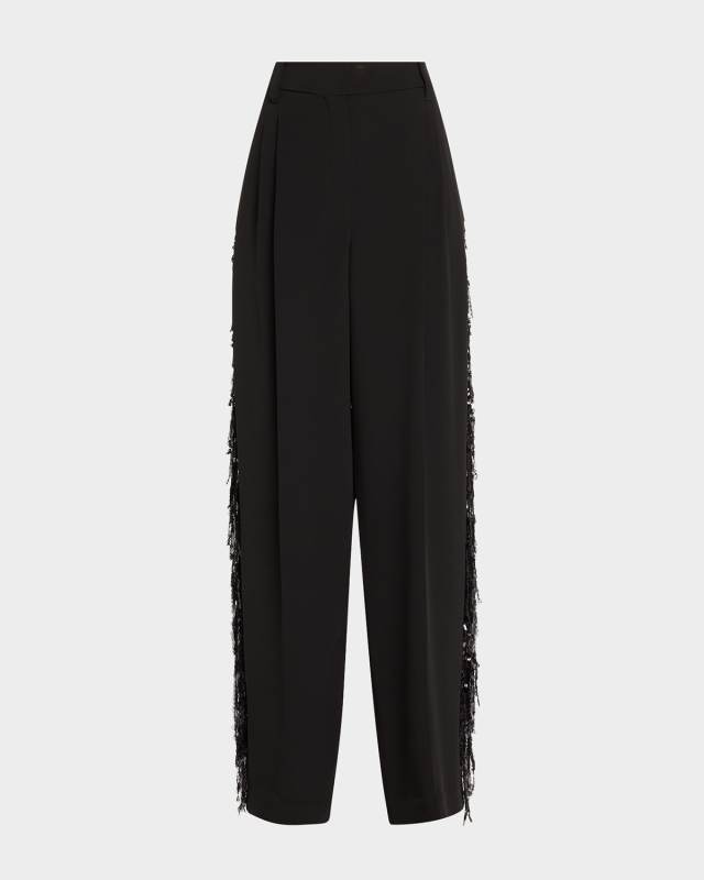 Low-Slung Paillette Waterfall Wide-Leg Tuxedo Pants